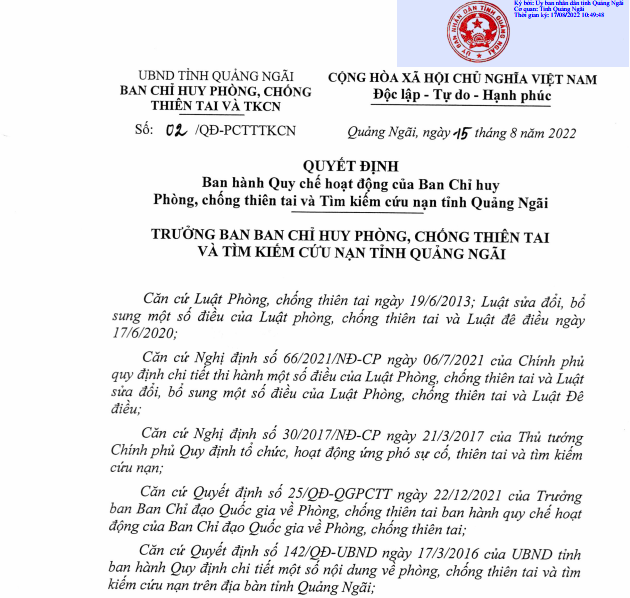 Quy chế hoạt động của Ban Chỉ huy Phòng, chống thiên tai và Tìm kiếm cứu nạn tỉnh Quảng Ngãi