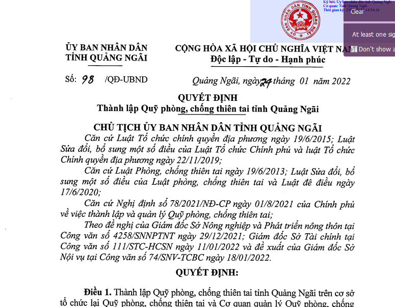 Quyết định thành lập Quỹ phòng, chống thiên tai tỉnh Quảng Ngãi