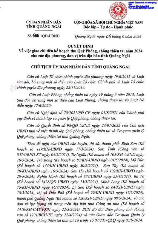 Quyết định số 666/QĐ-UBND ngày 06/6/2024 Về việc phê duyệt Kế hoạch thu Quỹ phòng, chống thiên tai năm 2024 cho các đơn vị địa phương trên địa bàn tỉnh Quảng Ngãi năm 2024