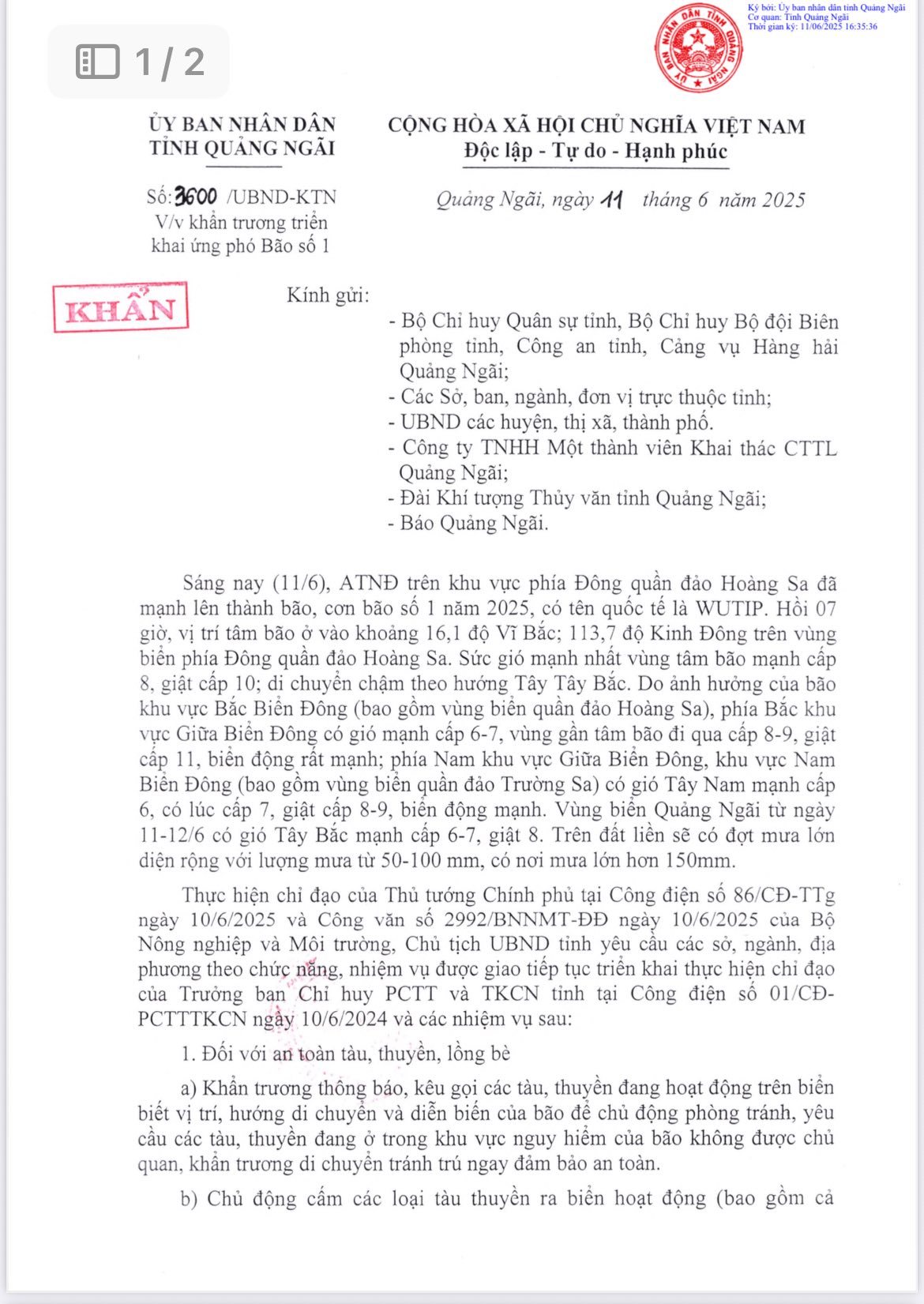 Công văn số 3600/UBND-KTN ngày 11/6/2025 của UBND tỉnh về việc khẩn trương ứng phó bão số 1