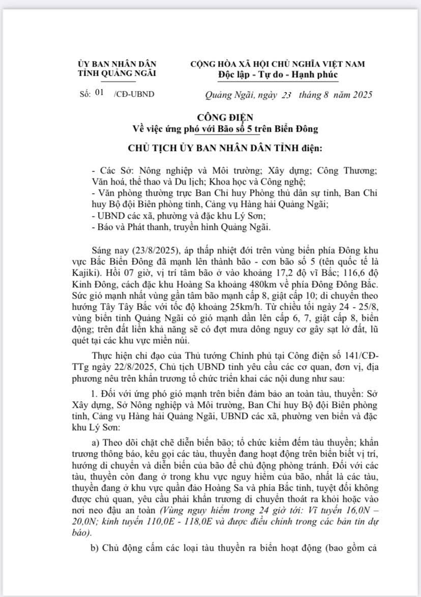 Công điện số 01/CĐ-UBND ngày 23/8/2025 của UBND tỉnh Quảng Ngãi về việc ứng phó với Bão số 5 trên biển Đông