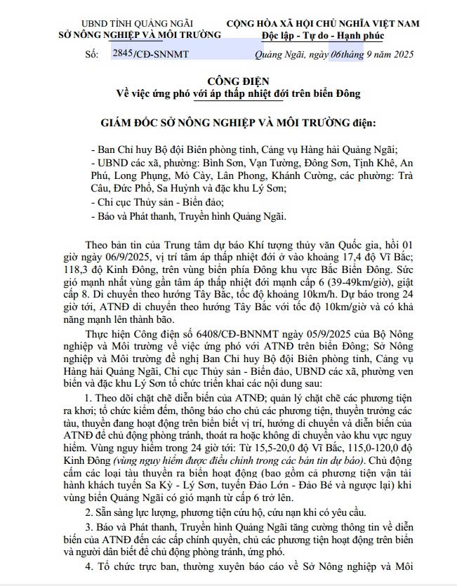 Công điện số 2845/CĐ-SNNMT ngày 06/9/2025 của Sở Nông nghiệp và Môi trường về việc ứng phó với áp thấp nhiệt đới trên biển Đông