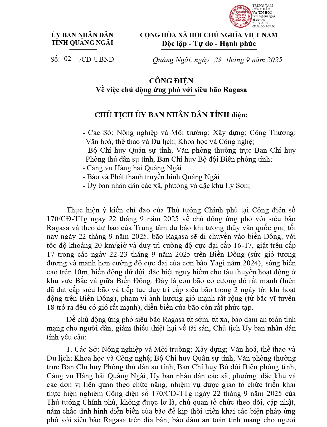 Công điện số 02/CĐ-UBND ngày 23/9/2025 của UBND tỉnh về việc ứng phó với siêu bão Ragasa