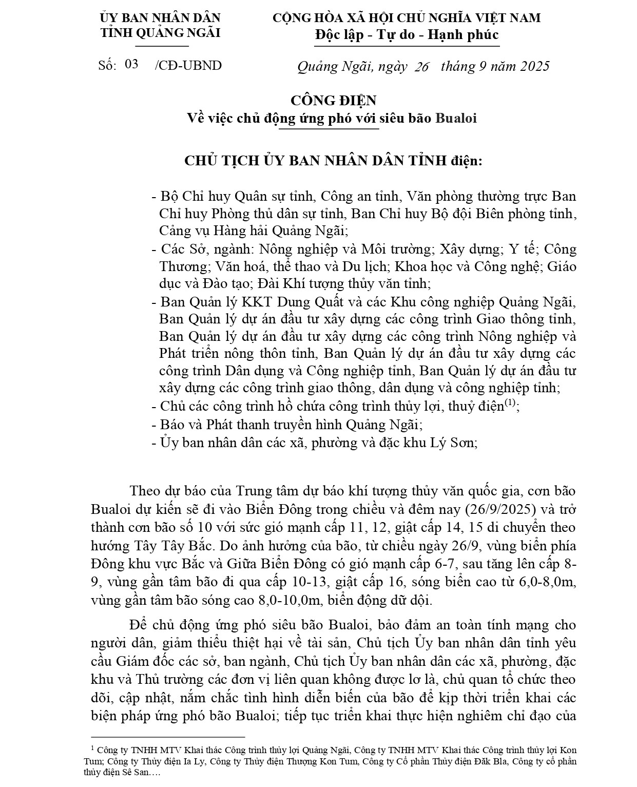 Công điện số 03/CĐ-UBND ngày 26/9/2025 của UBND tỉnh về việc ứng phó với siêu bão BUALOI