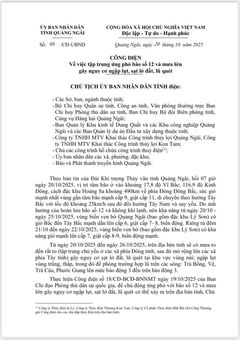 Công điện số 05/CĐ-UBND ngày 20/10/2025 của UBND tỉnh về việc tập trung ứng phó bão số 12 và mưa lớn gây nguy cơ ngập lụt, sạt lở đất, lũ quét