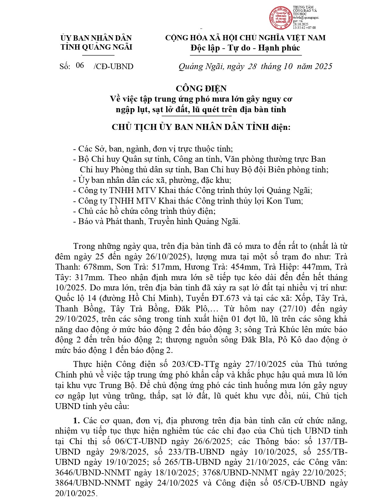 CÔNG ĐIỆN số 06/ CĐ-UBND ngày 28/10/2025 của UBND tỉnh Về việc tập trung ứng phó mưa lớn gây nguy cơ ngập lụt, sạt lở đất, lũ quét trên địa bàn tỉnh