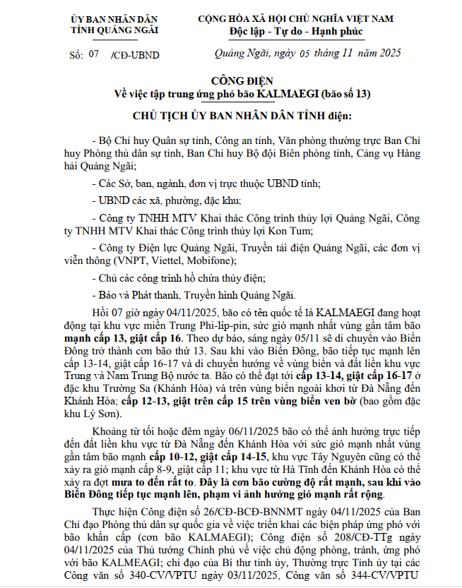Công điện số 07/CĐ-UBND ngày 05/11/2025 của UBND tỉnh Về việc tập trung trung ứng phó bão KALMAEGI (bão số 13)