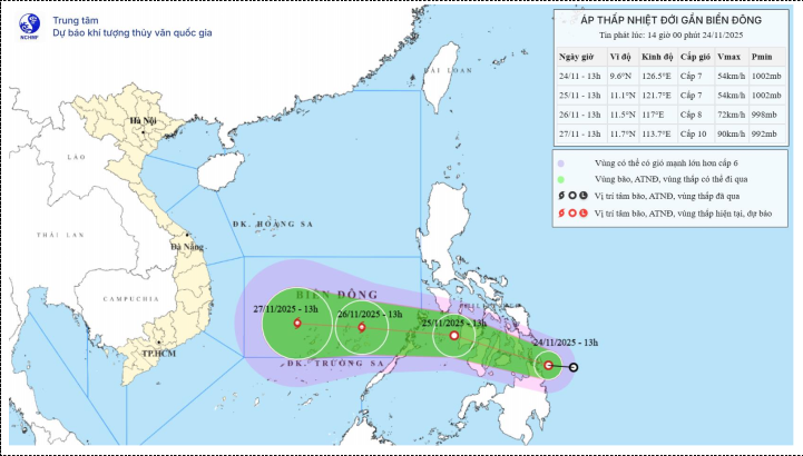 Tin áp thấp nhiệt đới gần biển Đông (13h ngày 24.11.2025)